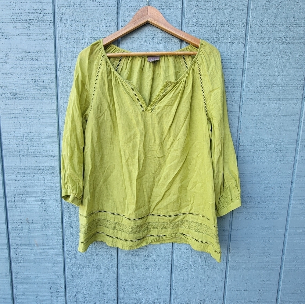 J Jill Linen Blend Embroidered Lace Peasant Blouse sz S Lime Green Boho